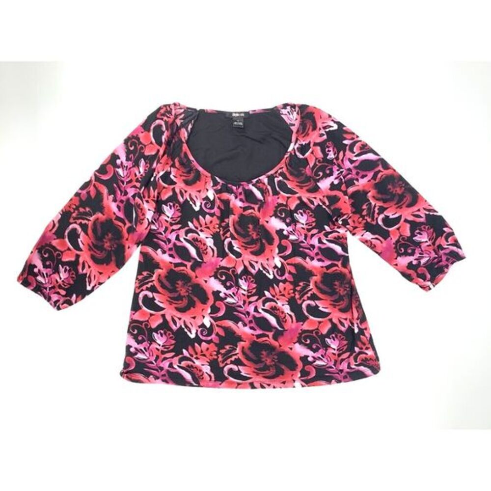 Style & Co. Black with Pink Floral Print Round Neck Women's Blouse‎ Size Large